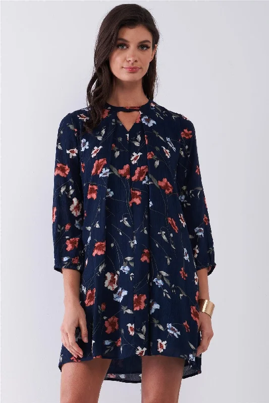 Fast Fashion Favorites Navy Multicolor Floral Print Long Sleeve Pleated Front V-Neck Loose Mini Dress