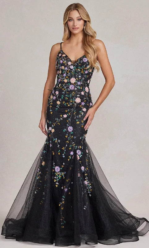 Avant-Garde Style Promotions Nox Anabel C1117 - V-Neck Floral Beaded Prom Gown