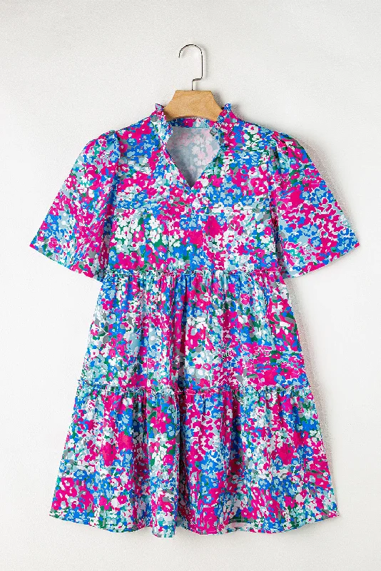 Relaxed Style Frill Printed Short Sleeve Mini Dress