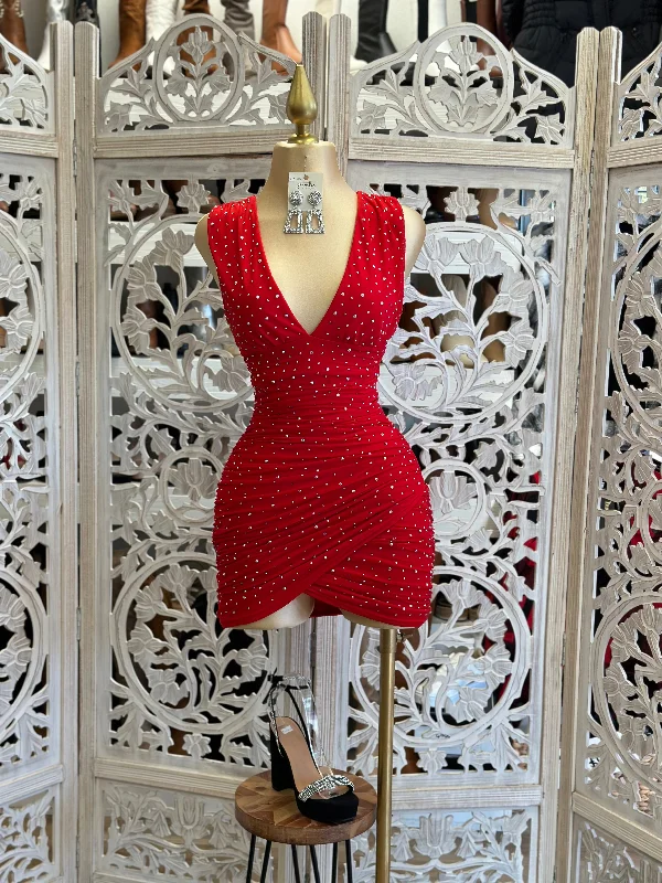 Luxury Fashion Discounts Red Rhinestone Mini Dress