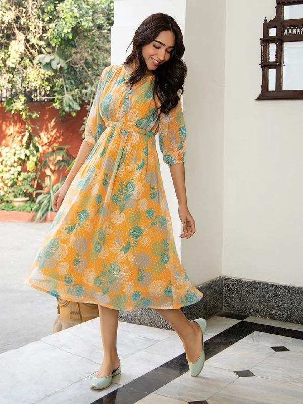 Limited Styles Mustard Dobby Georgette Floral Flared Dress