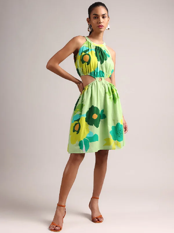 Comfort Meets Fashion Green Pure Cotton Floral Printed Side Cut-Out Dress