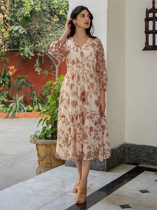 Enjoy Discount Brown Dobby Georgette Floral Printed Fit & Flare Dress