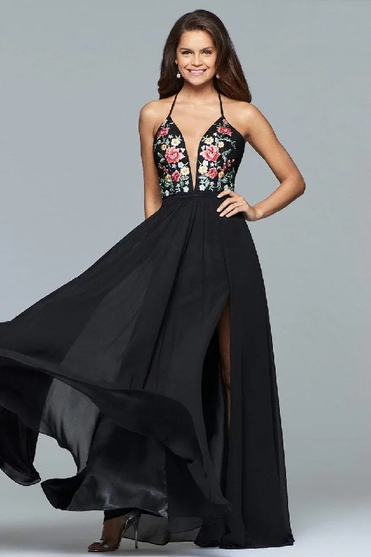 Fashionista Sale Faviana - 10000 Plunging Floral Embroidered Chiffon Simple Prom Gown