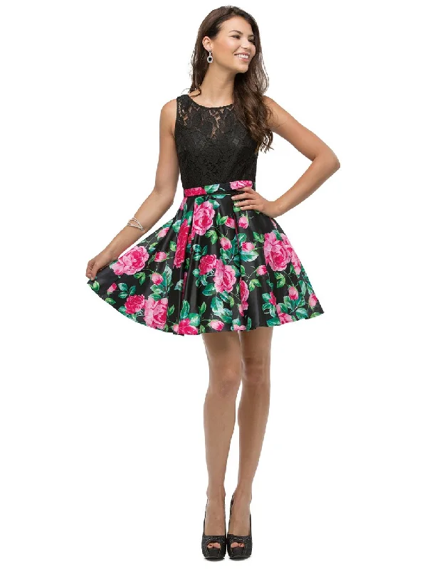 Huge Discounts This Week Dancing Queen 9517 Short Floral Print Illusion A-Line Dress - 1 pc Black/Multi Print In Size 3XL Available