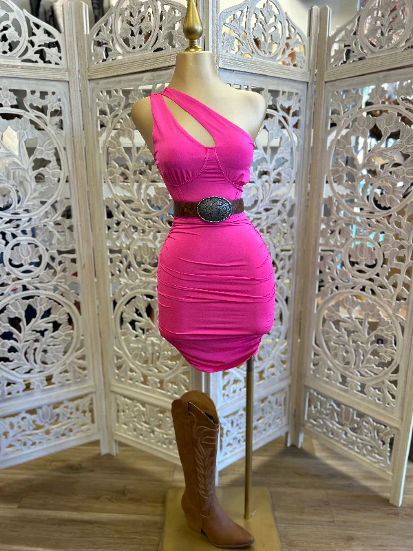 Trendy Fashion Sale Hot Pink One Sleeve Cutout Mini Dress- Stretchy