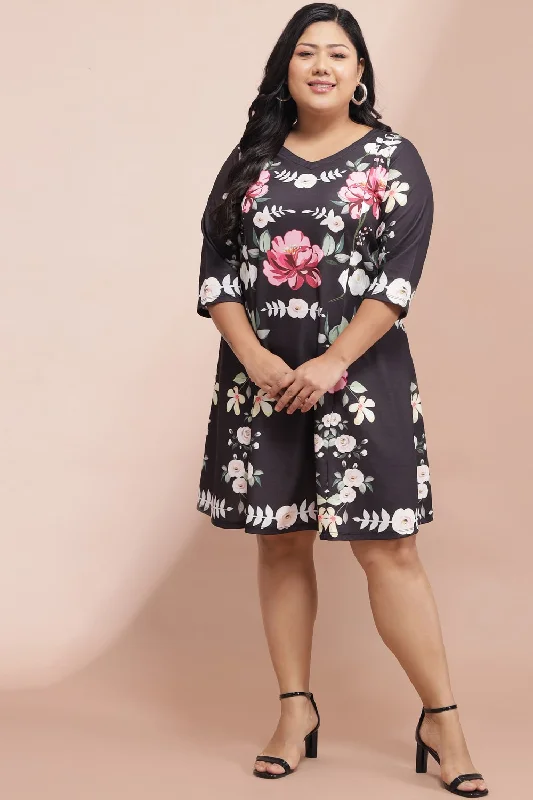 Embrace New Fashion Black Bright Floral Printed Dress