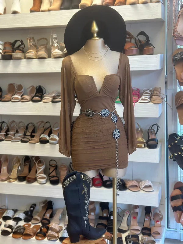 Holiday Attire Sale Brown V Bell Sleeve Mini Dress