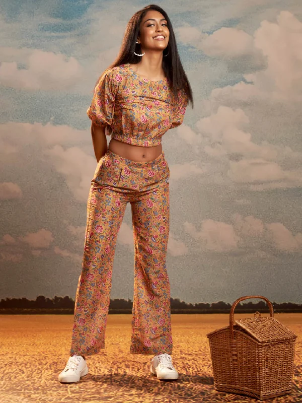 Limited Time Mustard Floral Print Muslin Straight Co-Ord Set