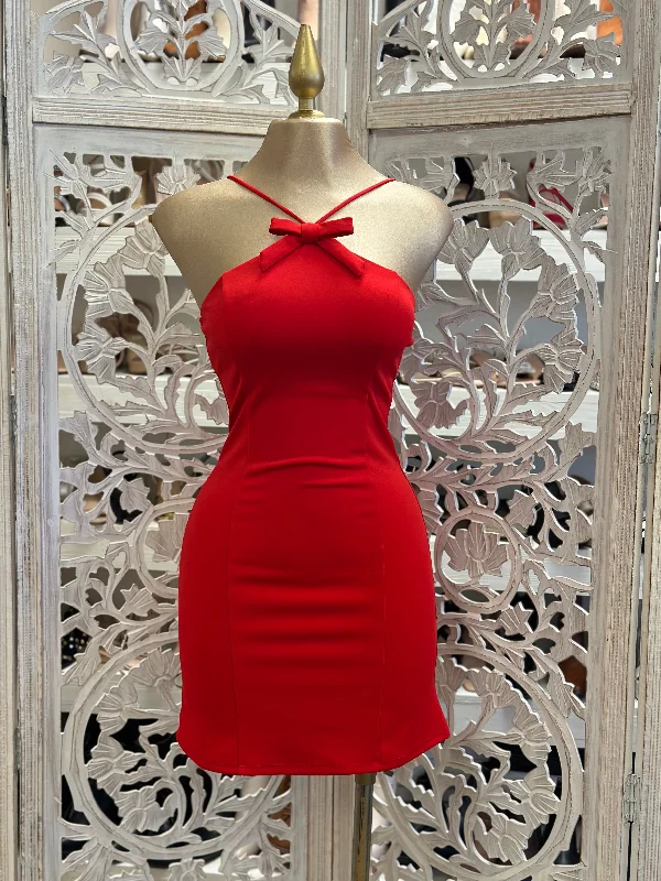 Flirty Fashion Discounts Ribbon Red Mini Dress- Stretchy