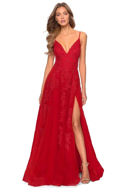 Trendy Fashion Sale La Femme - 28985 Floral Lace Embroidered Deep V-neck Junior Prom A-line Gown