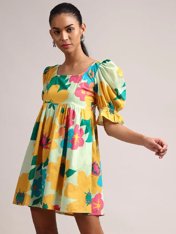 Weekend Exclusive Light Green Cotton Floral Fit & Flare Dress