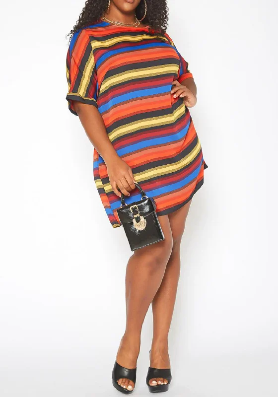 Enjoy Discount Hi Curvy Plus Size Women Multi Striped Shift Mini Dress