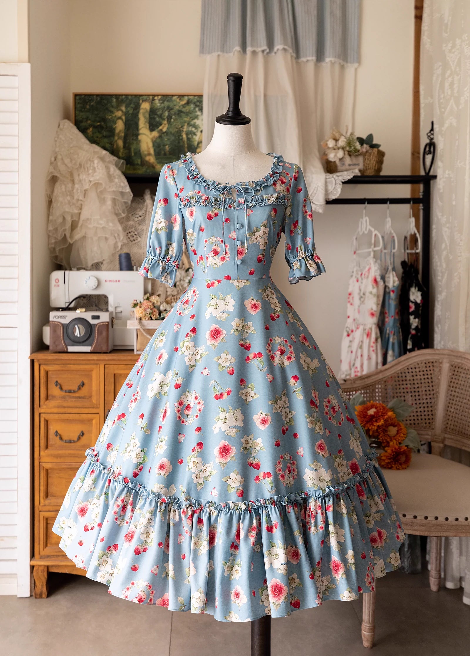 Street Chic Discounts Forest Wardrobe~Summer Berry Picture Book~Vintage Lolita OP Dress Floral Print Short Sleeve Dress