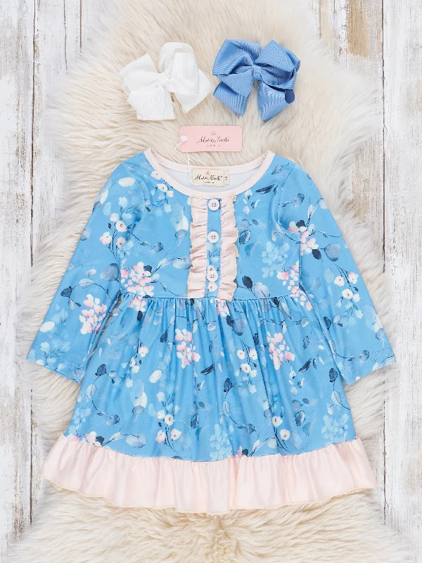 High-End Style Discounts Sweet Blue Florals Ruffle Dress