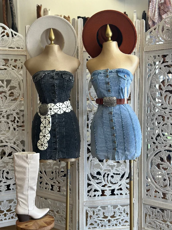 New Season Fashion Preview Strapless Denim Button Mini Dress- Stretchy