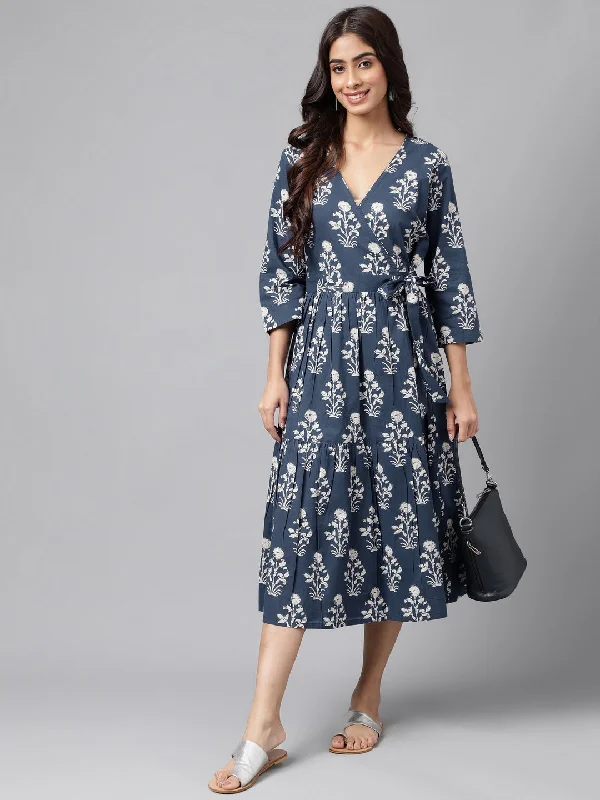 Style Breakthroughs Navy Blue Cotton Floral Printed Wrap Dress