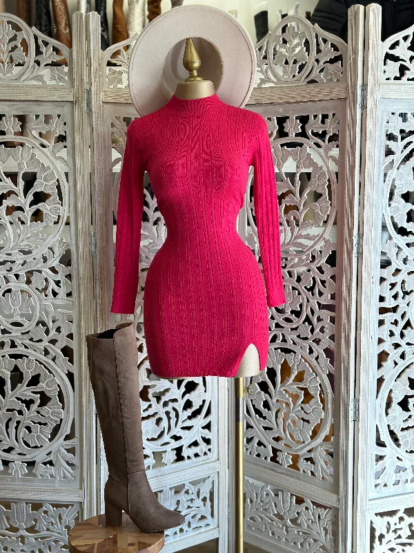 Premium Style Fluorescent Pink Sweater Mock Neck Mini Dress