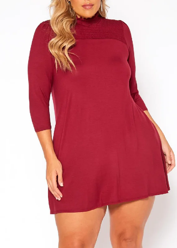 Summer Fashion HI Curvy Plus Size Women Smocked Detail Mock Neck Mini Dress