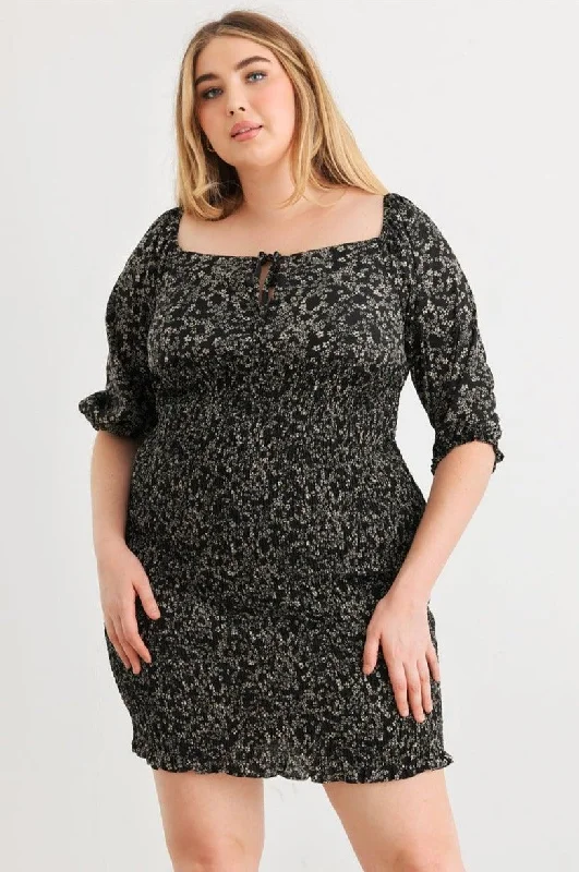 Seasonal Style Discounts Plus Size Floral Smocked Puff Sleeve Tie Neck Mini Dress