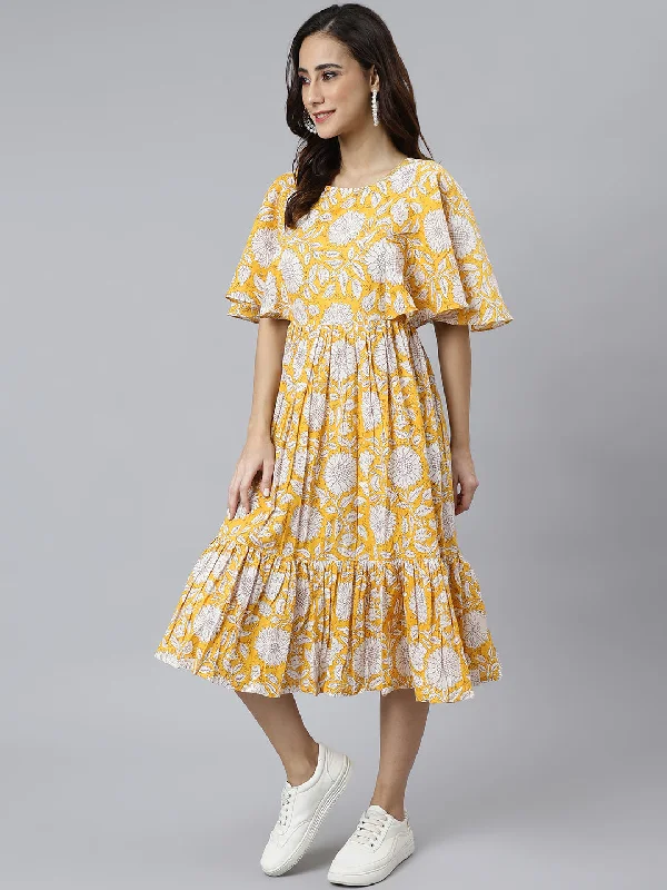 Fresh Styles, Fresh Deals Yellow Cotton Floral Print Flared Western Dress