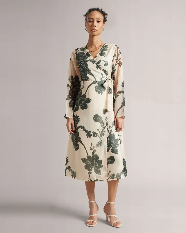 Fashion Forward Femininity Cream Wrap Dress With Green Floral Print