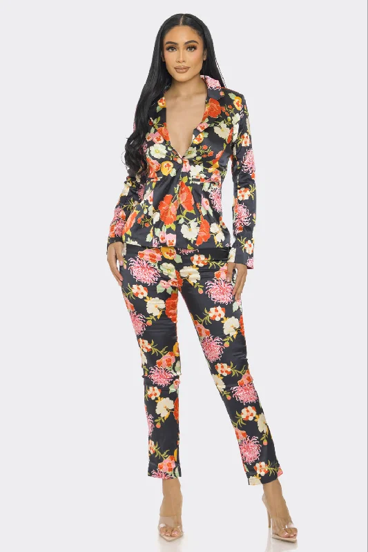 Don't Miss Out Floral Satin Print Jacket Pant Set