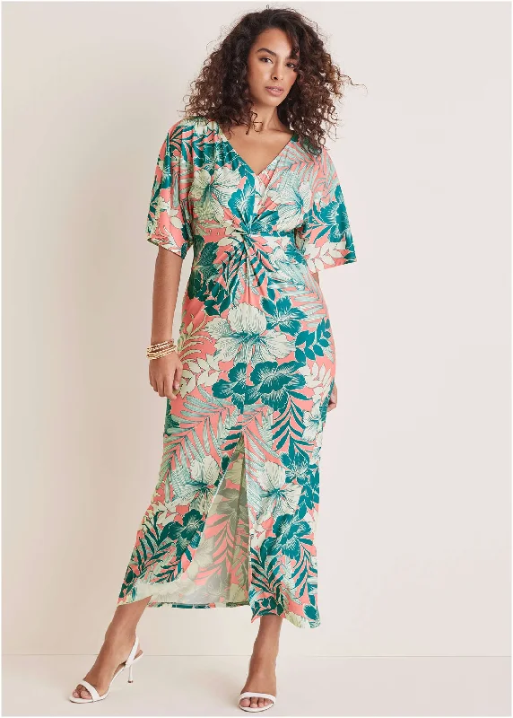 Casual Yet Chic Sales Twist Front Maxi Dress - Tropicana Peach Floral