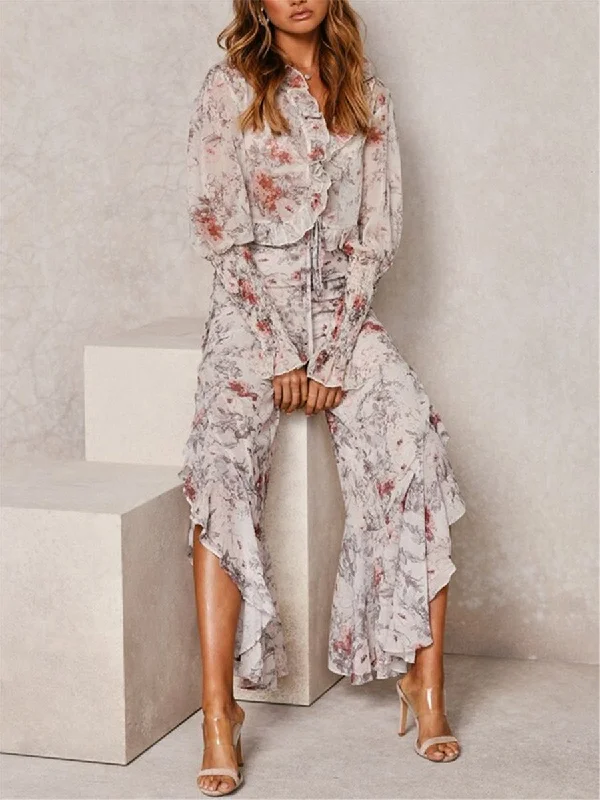 The Good Stuff Romantic Floral Print Ruffled V Neck Sets