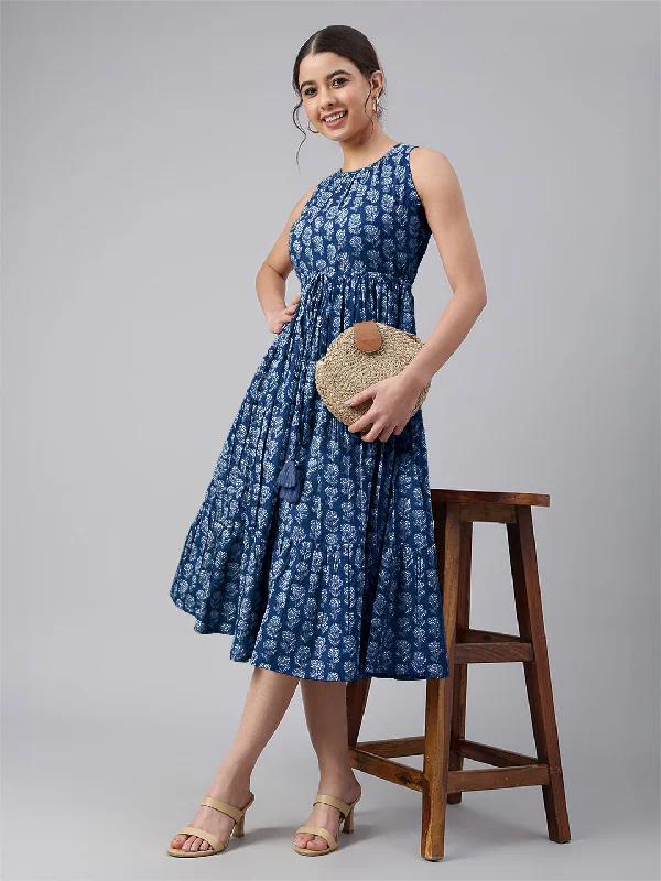 Fashion-Forward Indigo Pure Cotton Floral Printed Tiered Dress