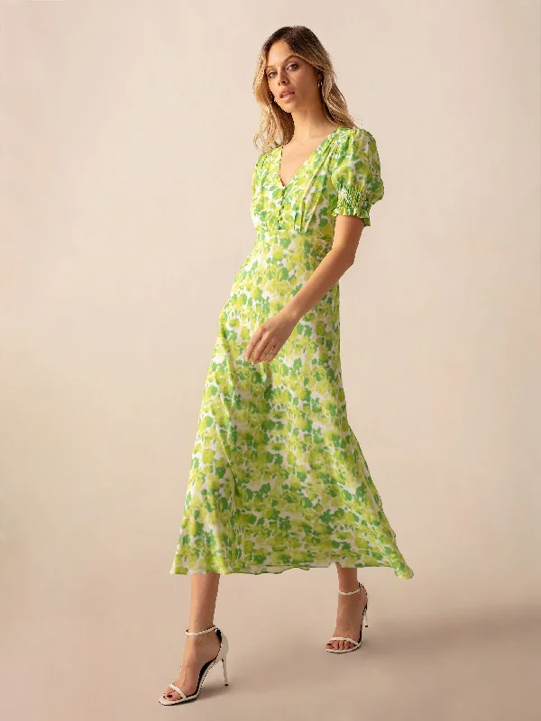 Playful Fashion Offers Green Botanical Floral Print Shirred Cuff Midi Dress