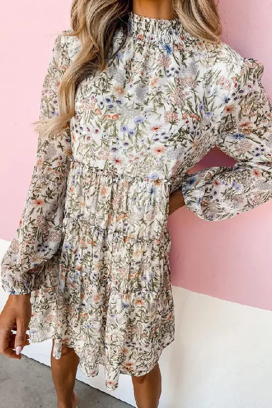 Hot Picks Green Floral Print Tiered Frilled Shirred Mock Neck Dress