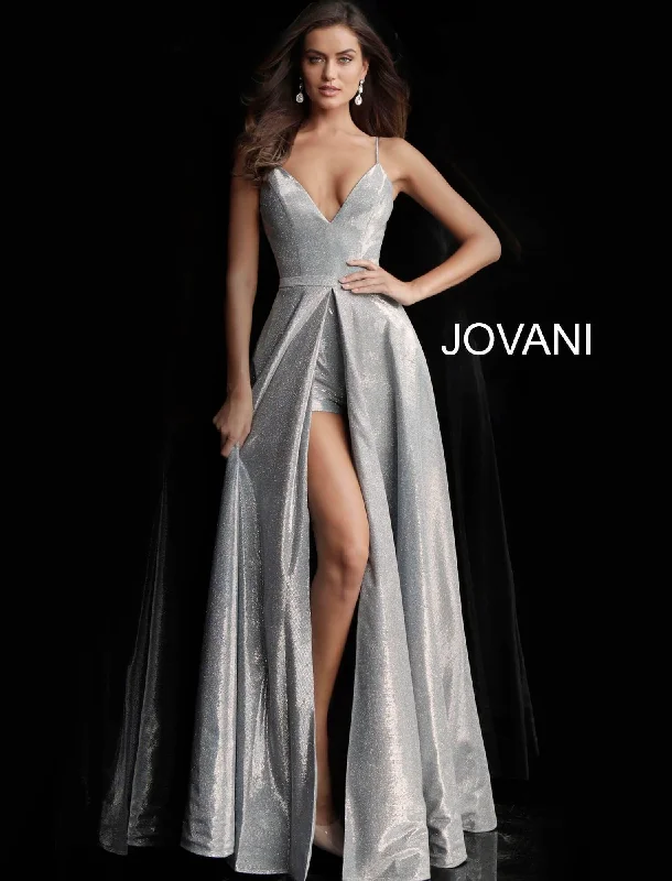 Street Chic Discounts Jovani 66284 Metallic Romper with Overskirt Prom Dress