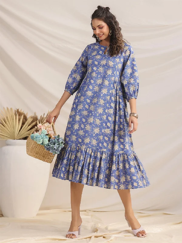 Style Revolution Blue Cotton Floral Fit & Flare Dress