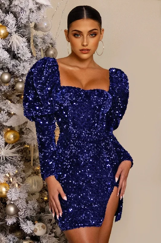 Ride The Style Wave JuliaFashion - 2024  Solid Sequins Square Neck Puff Sleeve Club Mini Dress