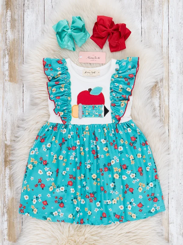 Premium Style Offers Teal Floral School Time Ruffle Dress