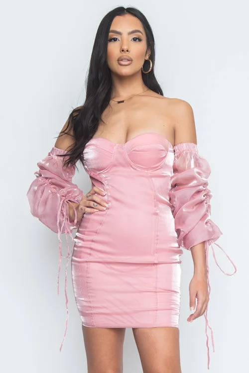 Modern Fashion Sale Off The Shoulder 3/4 Puff Ruched Sleeve Mini Dress In Pink (DR1790)