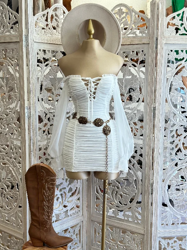 Modern Chic Discounts White Tie Up Boho Sleeve Mini Dress