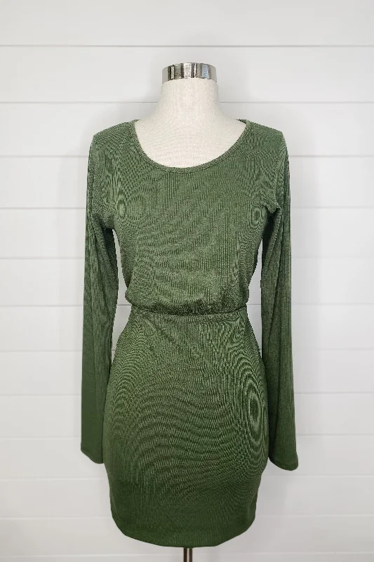 Chic Style, Always In Vogue ASC Double Lined Long Sleeve Ribbed Mini Dress- Olive