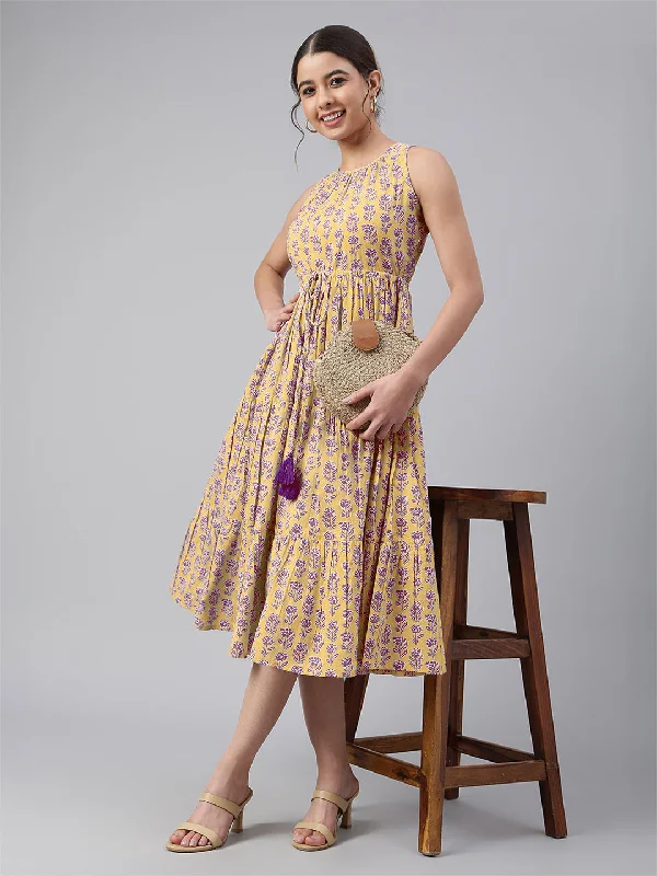 End Of Season Sale Yellow Pure Cotton Floral Printed Tiered Dress