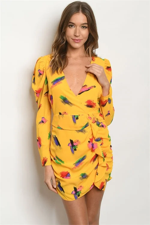 Discover Promotions Yellow Print Long Sleeve Mini Dress