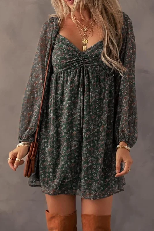 Hot Items Green Floral Print Sweetheart Neck Shirred Back Dress