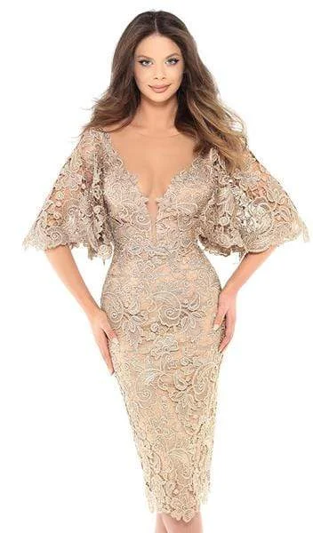 Season Sale Tarik Ediz - 93740 Floral Lace Bat Sleeve Illusion Plunging Neck Sheath Dress - 2 pcs Gold In Sizes 4 and 10 Available