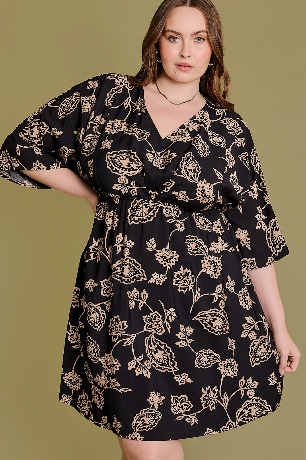 Seize Bargains Plus Size Floral A-Line 3/4 Sleeve Mini Dress