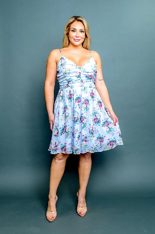 Buy More, Save More Plus Size 'Tea Party' Floral Print Spaghetti Strap V Neck Ruched A-Line Mini Dress* (CD40067P)