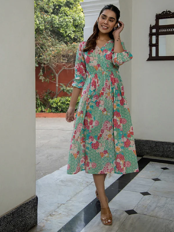 Get The Latest Trends Sea Green Cotton Floral Fit & Flare Dress