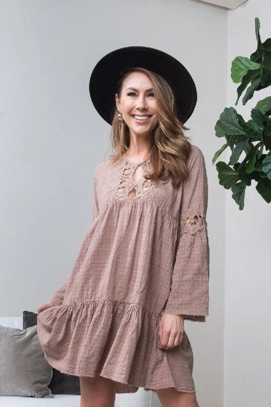 Limited Time Deal Long Sleeve Tiered Peasant Mini Dress with Embroidered Lace Trim in Mocha (16043)