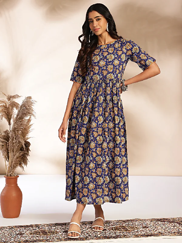 Chic Style, Always In Vogue Dark Blue Cotton Floral Printed Gathered Maxi Dress