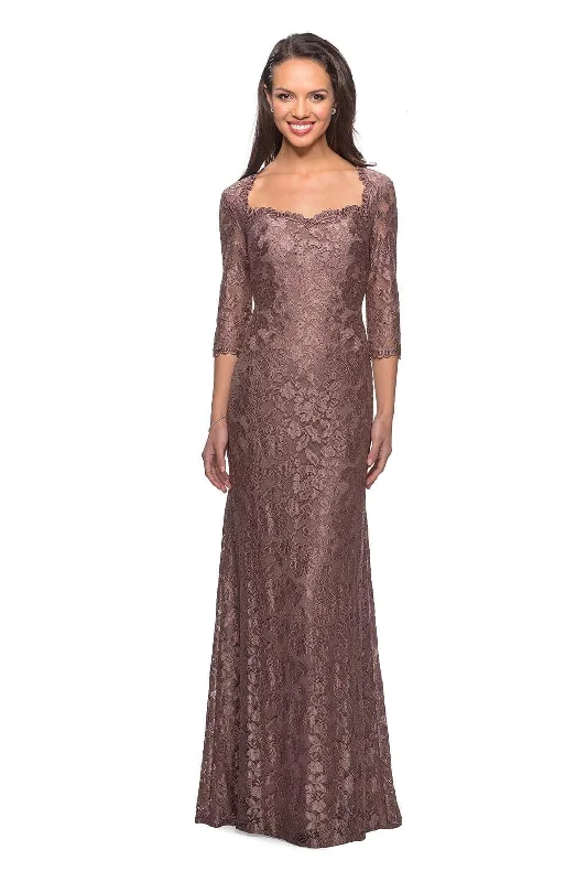 Ends Soon La Femme - 26427 Floral Lace Sheer Quarter Sleeve Sheath Gown