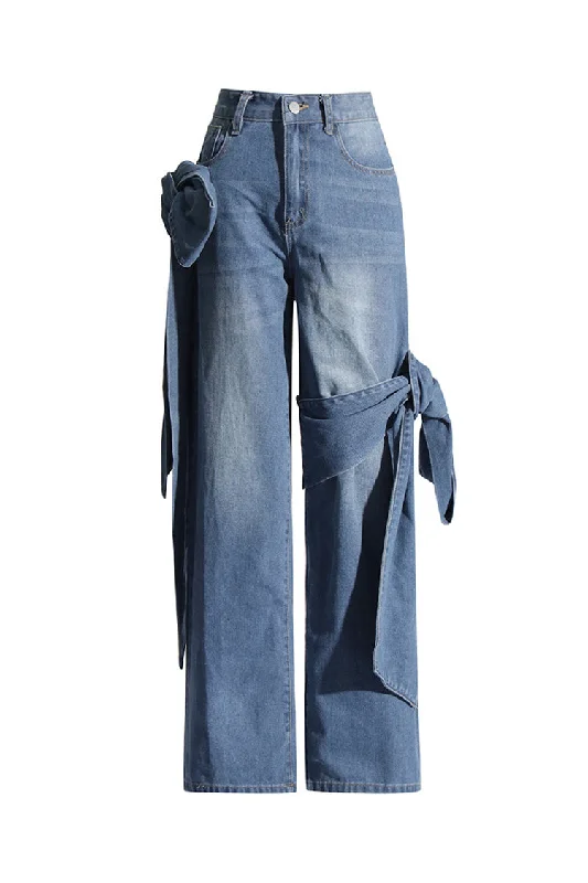 Exclusive Discount Asymmetric Draped Bowknot High Waist Straight Leg Full Length Jeans